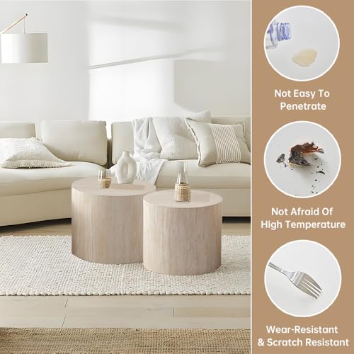 Round Travertine Nesting Coffee Table Set of 2, Modern Nested Side Tables