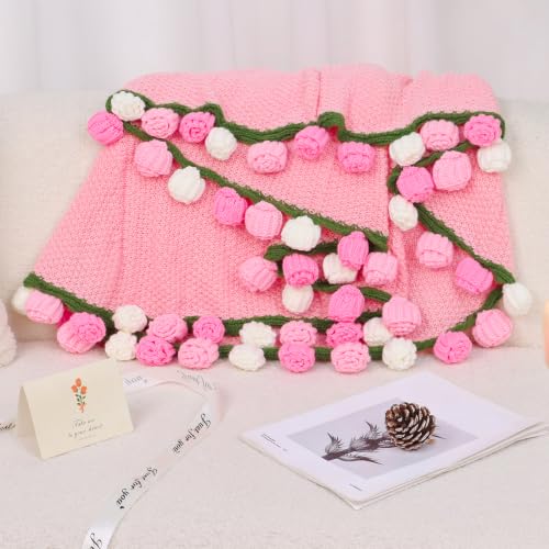 LOKOZ Pink Rose Crochet Flower Bouquet Blanket 31x31 Inches – Gift for Women