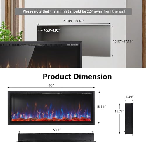 60-Inch Electric Fireplace Wall Mounted & Recessed with Heater and Remote