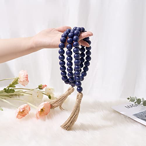 59-Inch Navy Blue Wood Bead Garland with Tassels, Rustic Farmhouse Decor