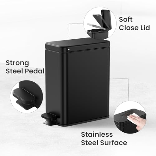 Small Bathroom Trash Can with Lid, 2.6 Gallon Stainless Steel Step Garbage