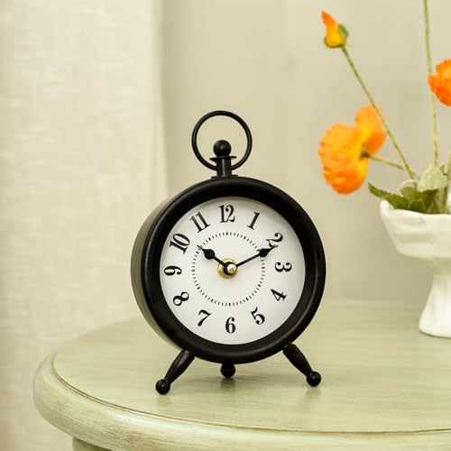 Retro Silent Tabletop Desk Clock, 7-Inch Small Black Decorative Shelf Clock