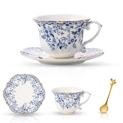 TATSUMI Blue Bone China Tea Cup & Saucer Set - Vintage Floral 3-Piece Gift