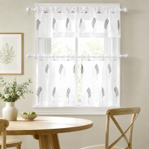 Leaf Pattern Tier Curtain & Valance Set – 3 Panels for Kitchen