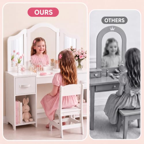 White Kids Vanity 2-in-1 Girls Makeup Dressing Table & Chair Set with Drawers