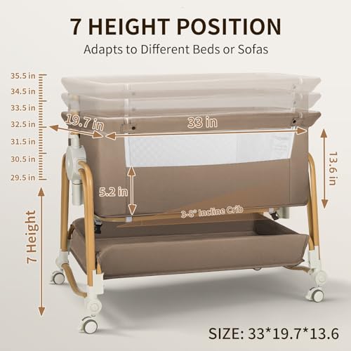 4-in-1 Portable Baby Bassinet Bedside Sleeper with Wheels & Storage - Khaki