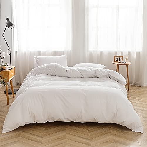 100% Washed Cotton Duvet Cover Set - 3-Piece Queen Bedding, Soft White