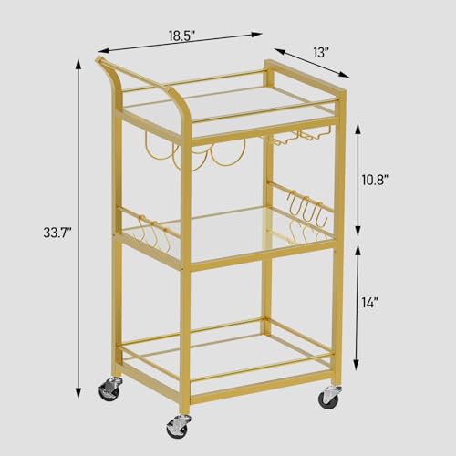 3-Tier Gold Bar Cart with Mirrored Shelves, Wine Rack & Glass Holder