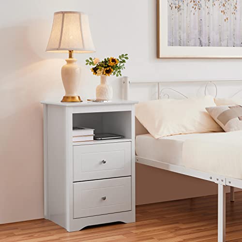 Tall 2-Drawer Nightstand with Open Shelf, White MDF Bedside Table