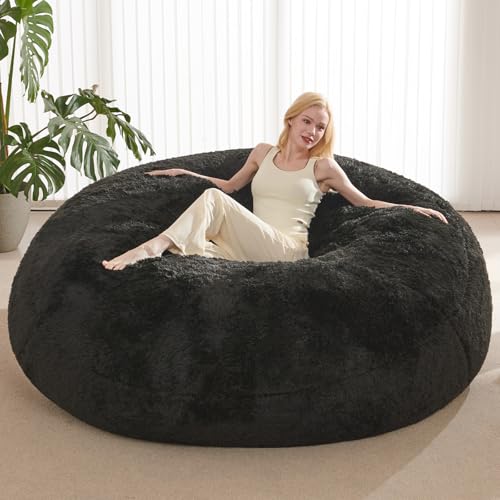5ft Faux Fur Bean Bag Chair Cover, Washable Fluffy Beanbag Seat, Black