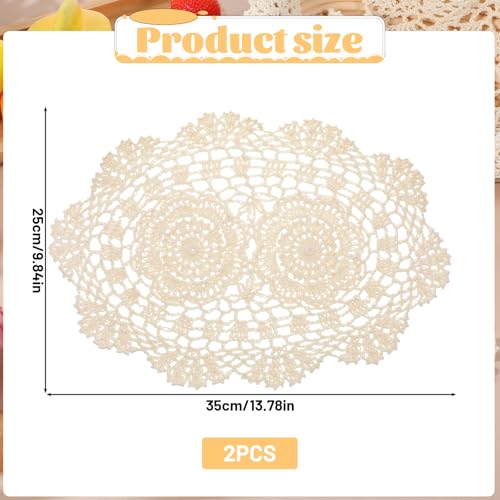 Beige Crochet Doilies 2-Piece Oval Runner Placemats Set — Handcrafted Cotton Lace Coasters