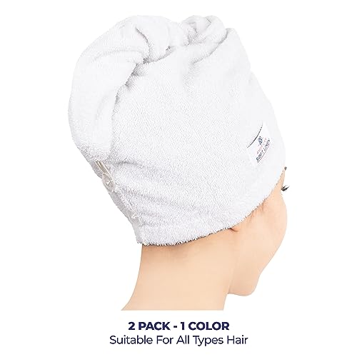 White Cotton Hair Turban Towel for Women - Soft Absorbent Head Wrap, 2 Pack
