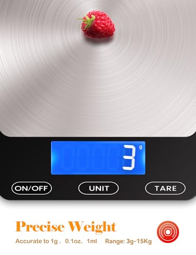 Digital Kitchen Scale 33lb/15kg - Rechargeable Stainless Steel Food Scale