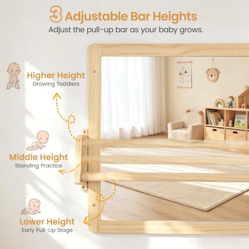Montessori Baby Mirror with Adjustable Pull Up Bar, 38.2 x 23.6 Inch