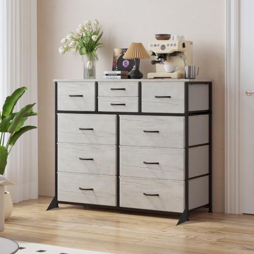 10-Drawer Fabric Dresser with Wooden Top, Storage Tower for Bedroom