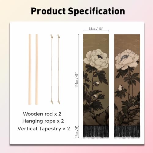 Japanese Peony Vertical Tapestry with Tassels (2 Pack) - Floral Wall Hanging