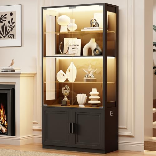 67" Glass Display Cabinet with LED Lights and Motion Sensor, 4-Tier Black