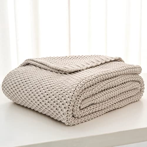 Chunky Cable Knit Throw Blanket, 100% Organic Cotton, 51" x 63", Beige