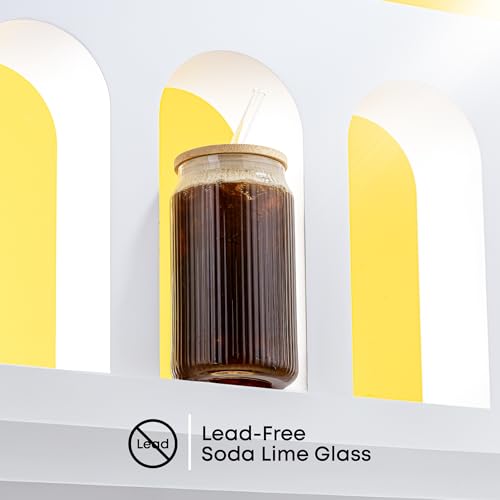 Ribbed Glass Tumblers with Bamboo Lids and Straws, 16oz Set of 4