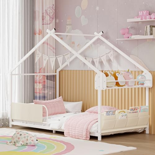 Twin Size Montessori House Bed Frame with Storage Shelf and Guardrails