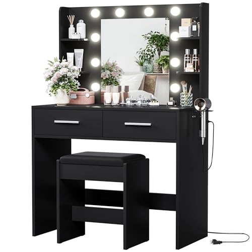 Vanity Desk with Lighted Mirror, Drawers, Power Outlet and Bench - Black