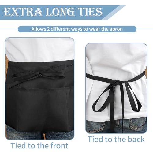 3-Pack Short Server Apron with 3 Pockets - Stain-Resistant Polyester