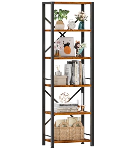 6-Tier Tall Narrow Bookshelf, Rustic Industrial Display Storage Shelf