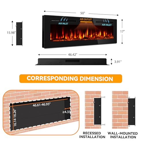 50-Inch Ultra-Thin Electric Fireplace Heater, Recessed Wall Mounted