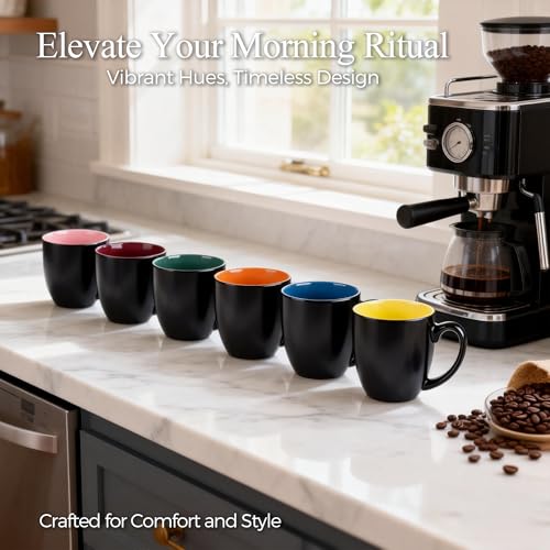 Black Multi-Color 16 oz Ceramic Coffee Mugs Set of 6 - Durable, Non-Toxic Kitchen Drinkware
