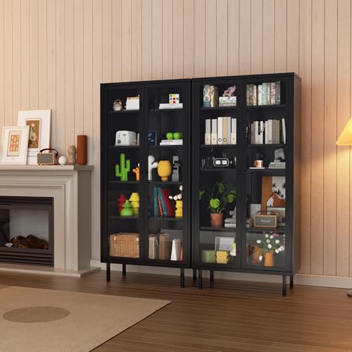 67-Inch Metal Glass Display Cabinet with 4 Adjustable Shelves, Black