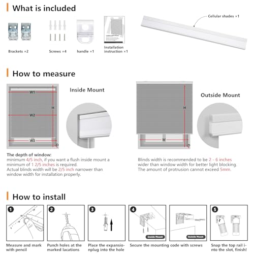 Cordless Cellular Shades 32" W x 64" H - White Blackout with Thermal Insulation & Noise Reduction