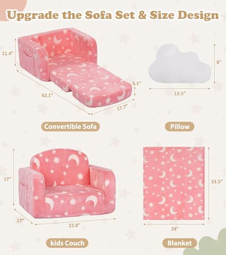 2-in-1 Fold Out Toddler Couch with Blanket and Glow-in-the-Dark Pillow
