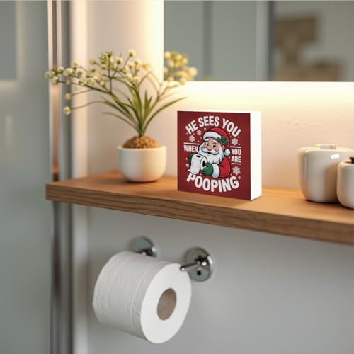 iRudyard Red Christmas Bathroom Decor Sign - Would Poop Here Again, 5x5 inch