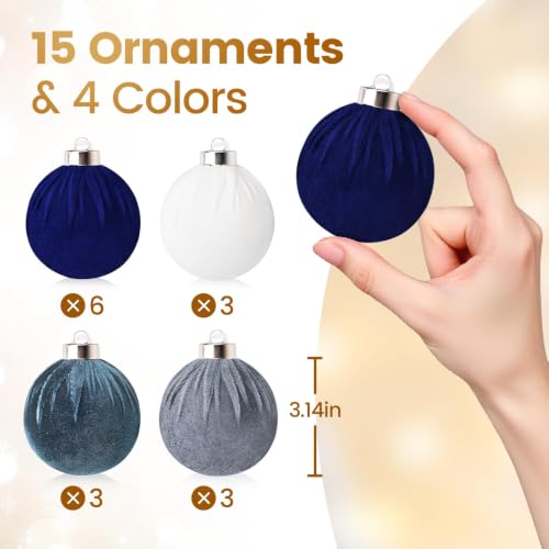 EverMerry 15 PCS Velvet Christmas Ornaments Set - Blue & White, 3.14'' Holiday Decorations for Tree, Wreath, Garland