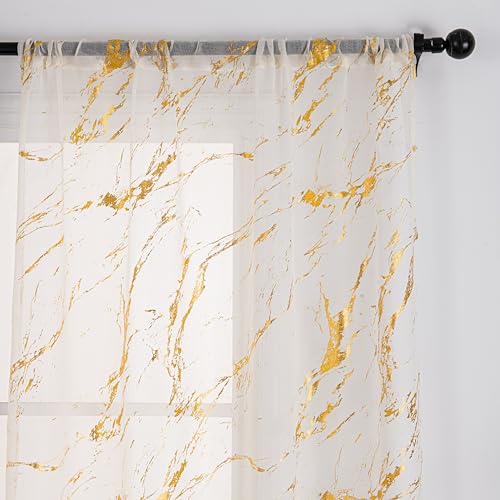 Gold & Cream Sheer Curtains 52 x 96 Inches, Metallic Marble Window Panel, Pack of 2