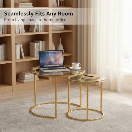Round Nesting Coffee Table Set of 2, Modern Marble Pattern Stacking Tables