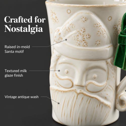Mud Pie Santa Christmas Mug 12 oz Embossed Stoneware with Green Velvet Bow