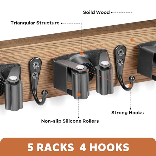 Rustic Wood Broom and Mop Holder Wall Mount with 5 Racks and 4 Hooks