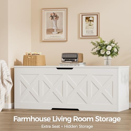 47.2" Farmhouse Wooden Storage Chest with Safety Hinge, White