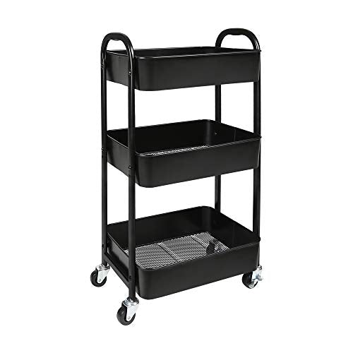 3-Tier Rolling Utility Cart with Wheels, Mesh Metal Storage Trolley, Black