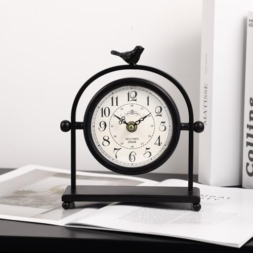Vintage Farmhouse Table Clock with Bird Topper - Silent Iron Mantel Clock