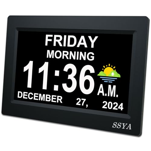 7-Inch Digital Day Calendar Clock - Auto-Dimmable Display with 12 Alarms