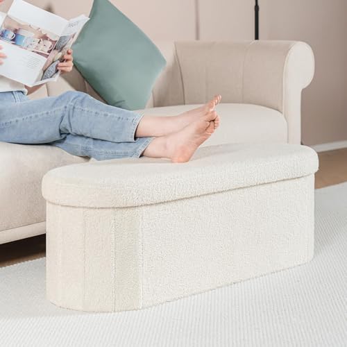 43.3-Inch Collapsible Sherpa Storage Ottoman Bench - Cream White