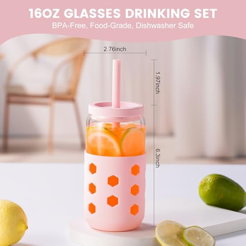 16oz Glass Iced Coffee Cups with Lids and Straws, 4-Pack Mint