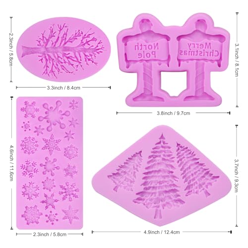 Christmas Tree Silicone Molds 4pc m136 - Pine, Snowflake & Fir Fondant & Chocolate Molds