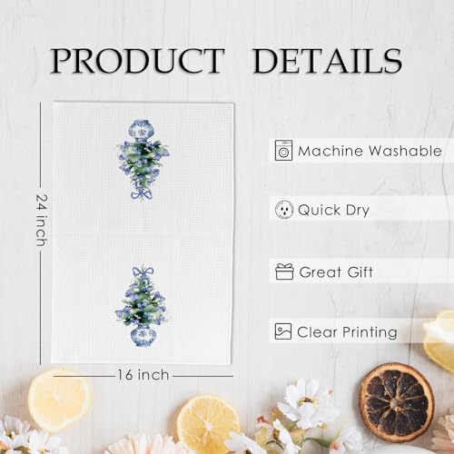 Chinoiserie Christmas Wreath Dish Towels Set of 2 - Blue & White Holiday Decor