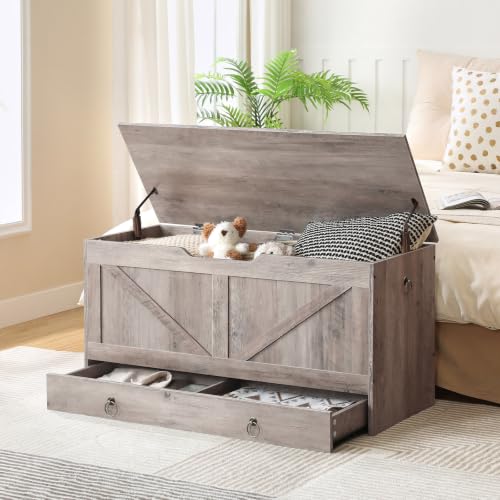 Wooden Storage Chest with Drawer, 39-Inch Entryway Bench with Safety Hinge