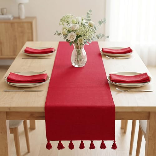 PurpleEssences Red Solid Ribbed Cotton Table Runner 13x72 in - Home Decor