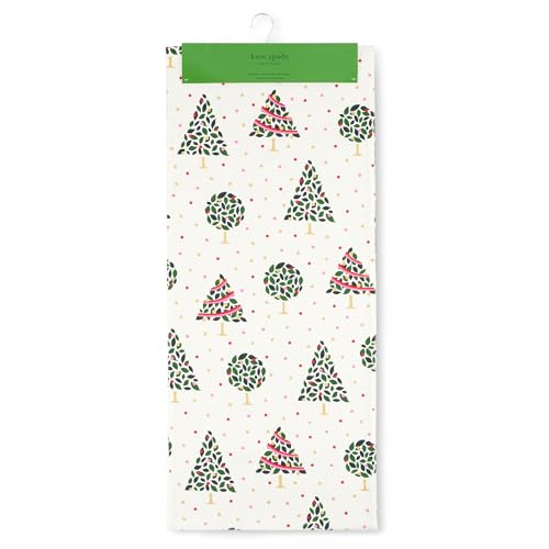 kate spade new york Holiday Confetti & Acrobat Plaid Reversible Holiday Table Runner, 100% Cotton with Metallic Print, Machine Washable, Cream/Green, 15"x72"