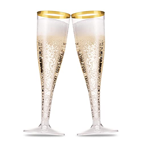 Gold Rim Disposable Plastic Champagne Flutes 5 Oz Pack of 100 - Elegant Partyware
